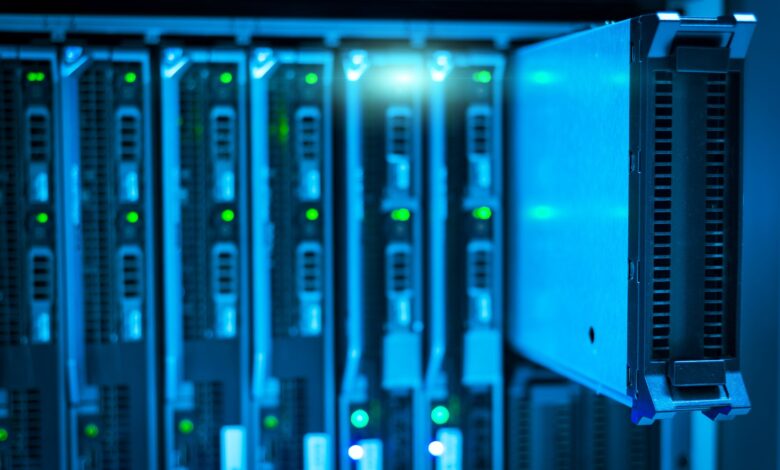 Detailed view of a server rack with a focus on technology and data storage.