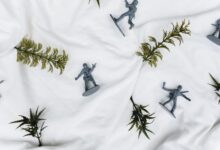 Plastic toy soldiers arranged on a white background with green fern leaves.