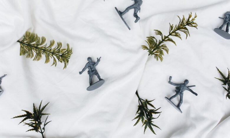 Plastic toy soldiers arranged on a white background with green fern leaves.