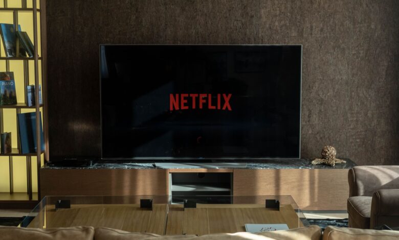 Cozy living room featuring a large TV displaying Netflix, perfect for entertainment.