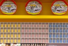 Vibrant warehouse scene with colorful shelves and circular mirrors, capturing a busy shopping environment.