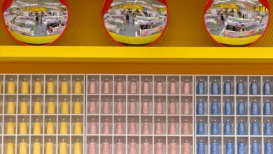 Vibrant warehouse scene with colorful shelves and circular mirrors, capturing a busy shopping environment.
