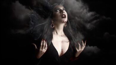 Eerie portrayal of a vampire woman with dramatic lighting and smoke.