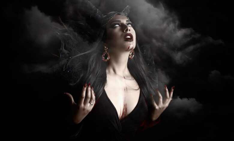 Eerie portrayal of a vampire woman with dramatic lighting and smoke.