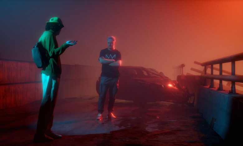 Moody 3D render capturing an urban scene with dramatic lighting and fog.