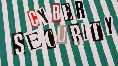 Cyber security concept depicted with a creative text collage on striped background.