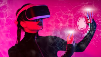 A young woman wearing a VR headset interacts with a digital interface in a futuristic setting.