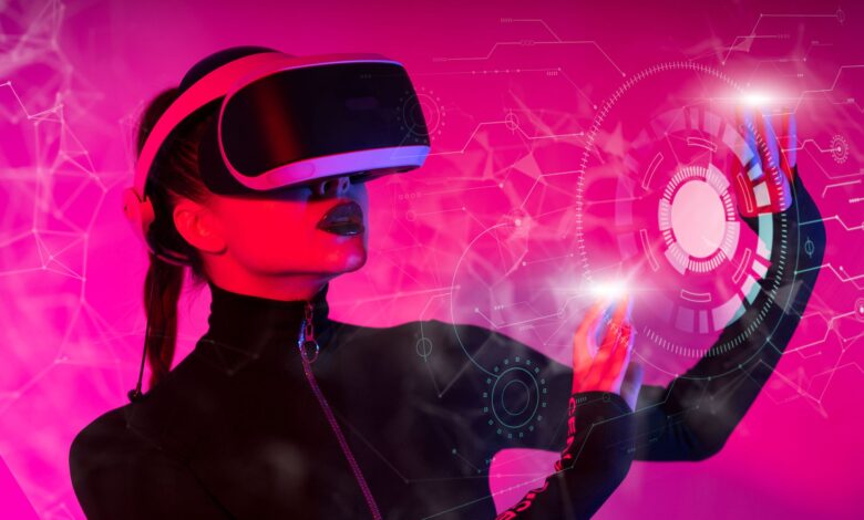 A young woman wearing a VR headset interacts with a digital interface in a futuristic setting.