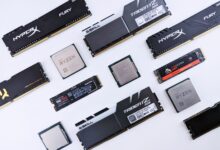 High-quality image of various computer components, including RAM and CPUs, on a white background.