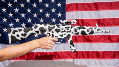 Cow-patterned rifle held in front of American flag, symbolizing culture clash.