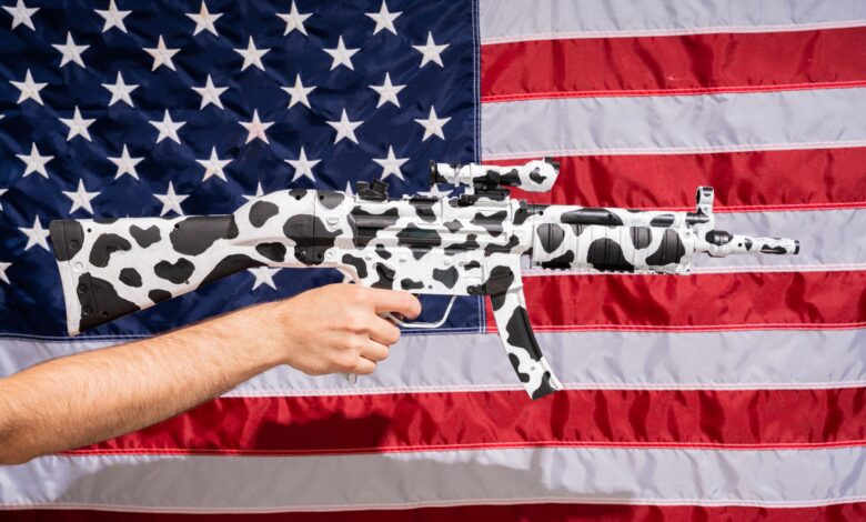 Cow-patterned rifle held in front of American flag, symbolizing culture clash.