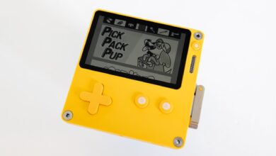 Vibrant yellow handheld console displaying a retro game screen. Perfect for gaming enthusiasts.