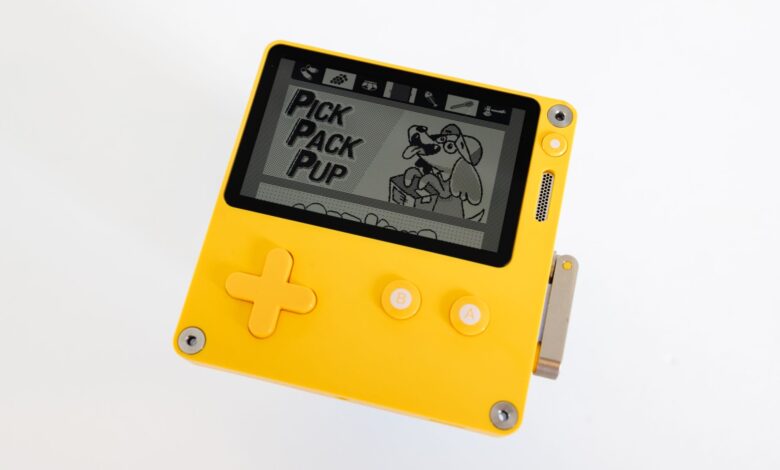 Vibrant yellow handheld console displaying a retro game screen. Perfect for gaming enthusiasts.