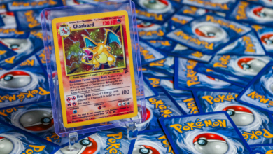 High-value Charizard Pokémon trading card surrounded by various other cards.