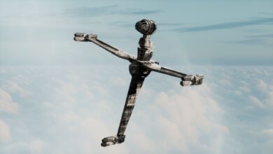 A futuristic spaceship floating above a sea of clouds showcasing modern design.
