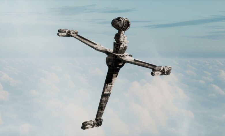 A futuristic spaceship floating above a sea of clouds showcasing modern design.