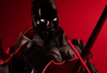 Striking cosplay portrait featuring a character in black and red armor with a dramatic red background.