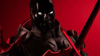 Striking cosplay portrait featuring a character in black and red armor with a dramatic red background.
