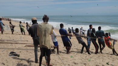 Men on the beach engaged in a tug of war, displaying teamwork and strength.