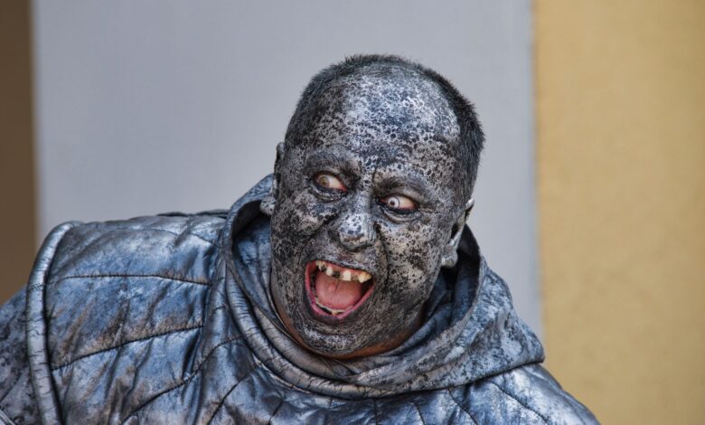 A person wearing a detailed stone statue costume with a scary expression in Kroměříž.