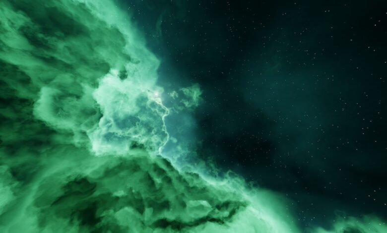Vivid cosmic nebula with contrasting green clouds and starry sky.