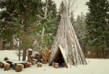 Rustic tepee in a snowy forest surrounded by pine trees and stacked firewood.