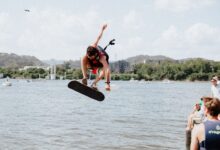 A wakeboarder performs an aerial trick above the Tennessee River in Chattanooga.