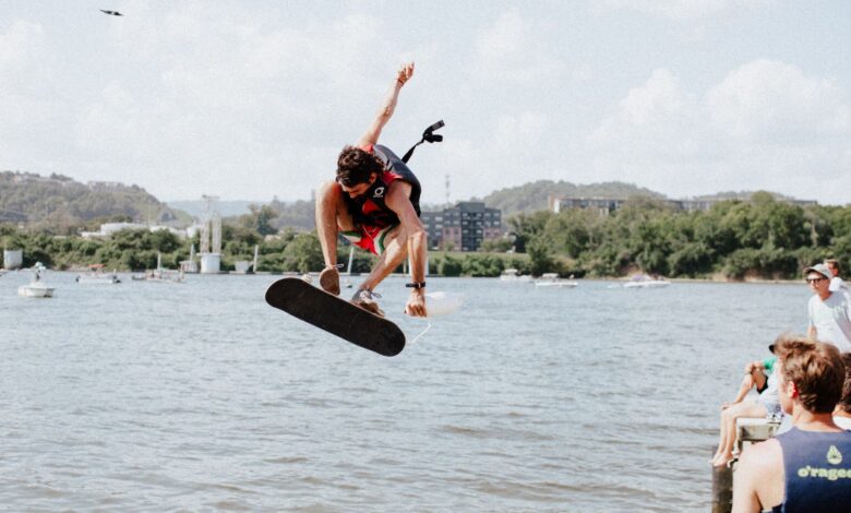 A wakeboarder performs an aerial trick above the Tennessee River in Chattanooga.