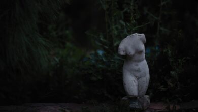 A broken stone torso statue surrounded by dark foliage, evoking mystery.