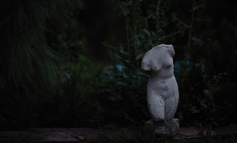 A broken stone torso statue surrounded by dark foliage, evoking mystery.