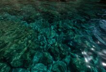 A mesmerizing view of turquoise ocean water reflecting sunlight, revealing underwater textures and patterns.