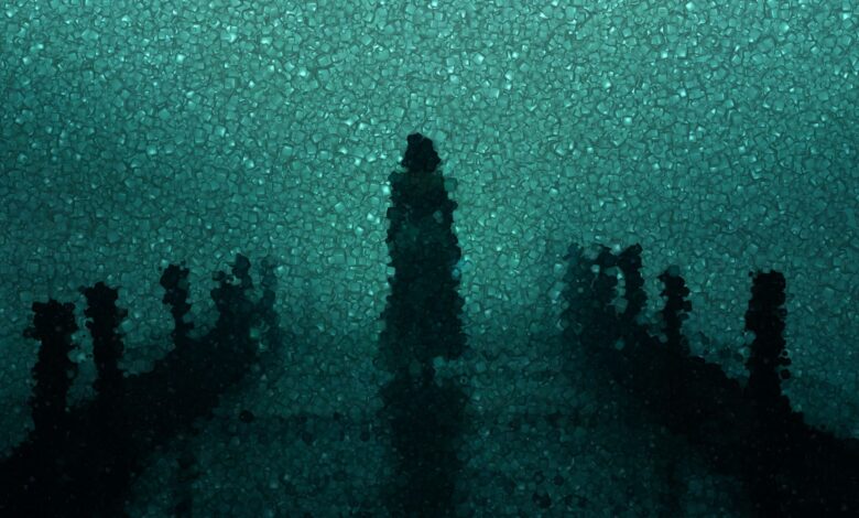 A dark silhouette stands amidst a textured, abstract design, creating a sense of mystery.