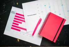 Overhead shot of a desk with charts, a red notebook, and a pen for business analysis.
