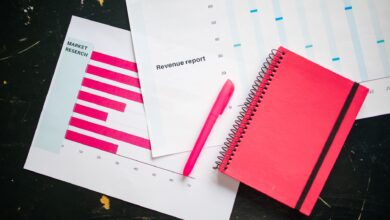 Overhead shot of a desk with charts, a red notebook, and a pen for business analysis.