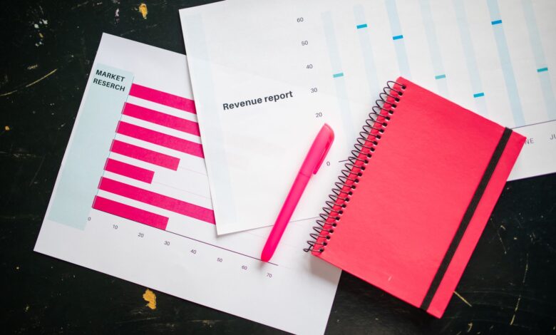 Overhead shot of a desk with charts, a red notebook, and a pen for business analysis.