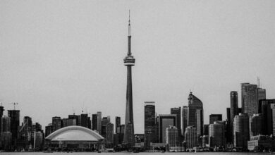 A black and white view of Toronto's skyline featuring the iconic CN Tower and modern architecture.