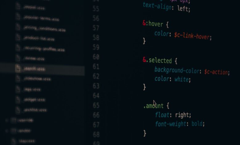 Close-up of colorful CSS code lines on a computer screen for web development.