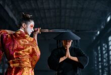 Dramatic portrayal of Japanese culture with geisha and martial arts imagery.