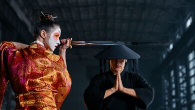 Dramatic portrayal of Japanese culture with geisha and martial arts imagery.