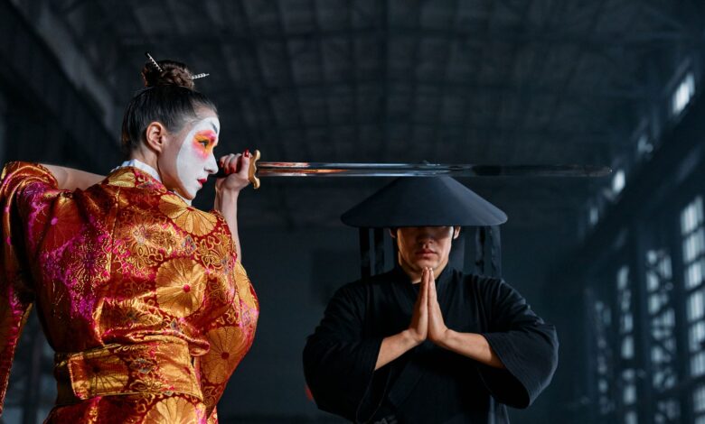 Dramatic portrayal of Japanese culture with geisha and martial arts imagery.