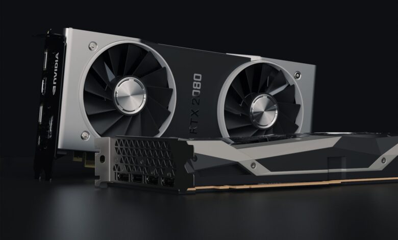 Detailed close-up image of NVIDIA RTX 2080 graphics card showcasing hardware components.