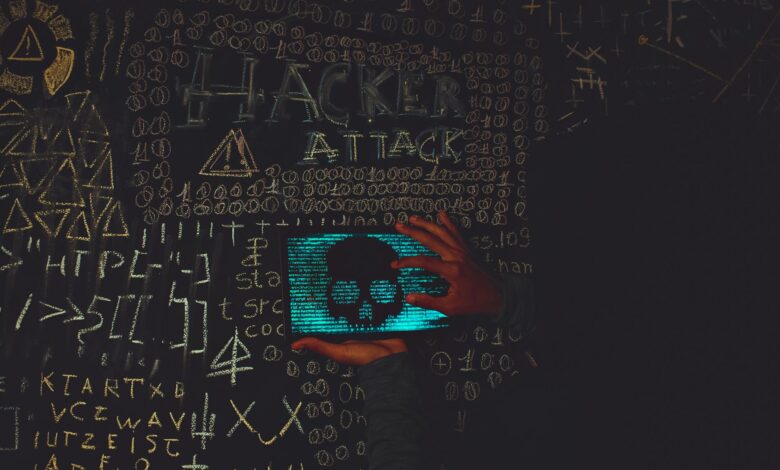 A hacker in a black hoodie using a tablet displaying a skull, surrounded by chalk symbols and 'Hacker Attack' text.