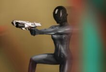 A futuristic female warrior in a sleek design, holding a sci-fi weapon.