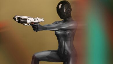 A futuristic female warrior in a sleek design, holding a sci-fi weapon.