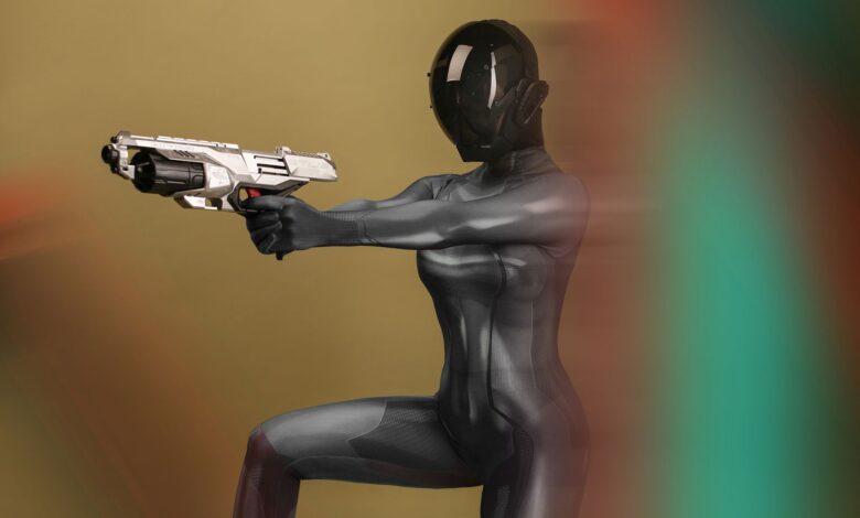 A futuristic female warrior in a sleek design, holding a sci-fi weapon.