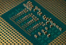 Detailed close-up of a microprocessor circuit board showcasing intricate circuitry and components.