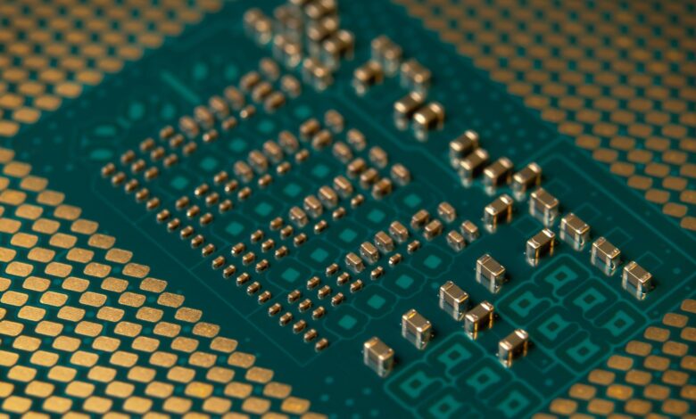Detailed close-up of a microprocessor circuit board showcasing intricate circuitry and components.