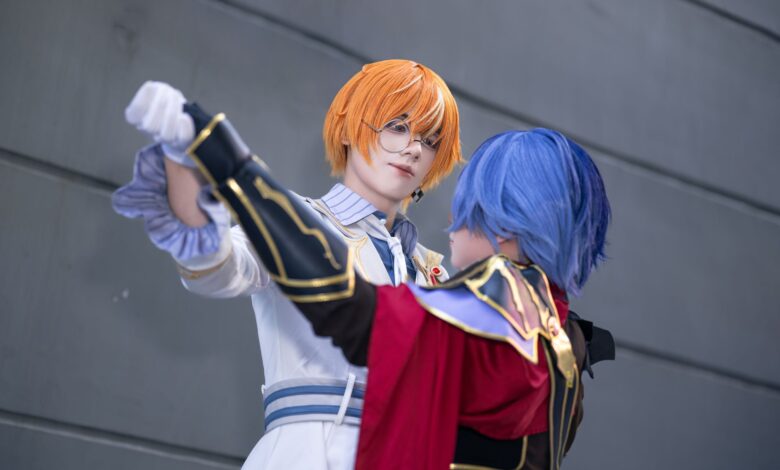 Dynamic cosplay scene with characters in vibrant outfits showcasing dramatic interaction.