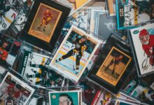 A close-up view of assorted vintage and modern hockey trading cards.