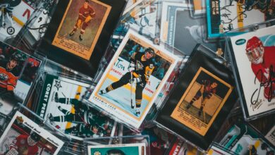 A close-up view of assorted vintage and modern hockey trading cards.